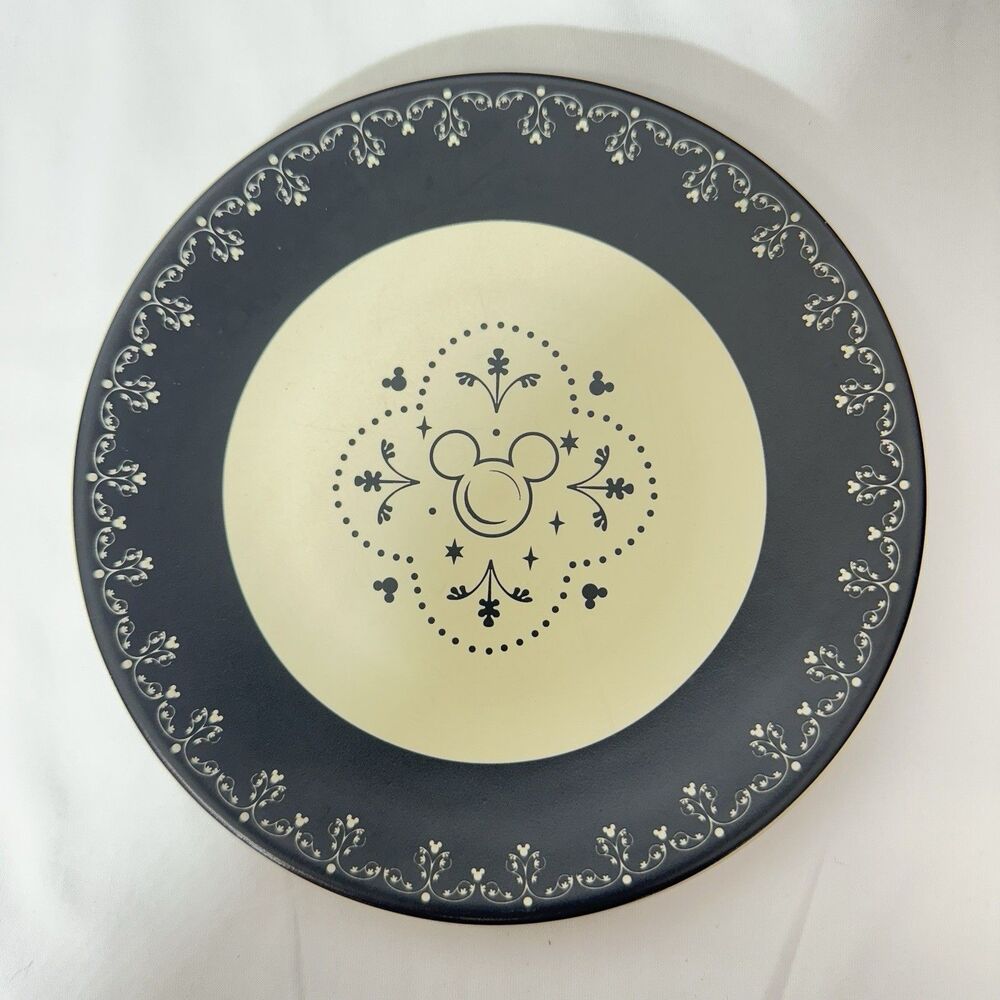 Disney Kitchen Mickey Salad Plate Black Scroll Hidden Mickey 7” HTF